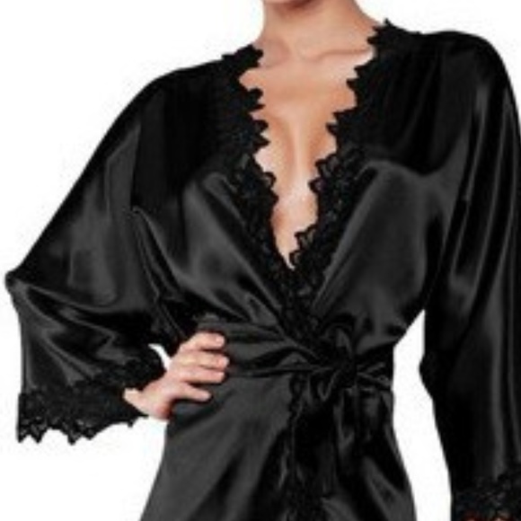 Black Satin & Lace Robe w/ Matching G String NWT - Picture 2 of 10